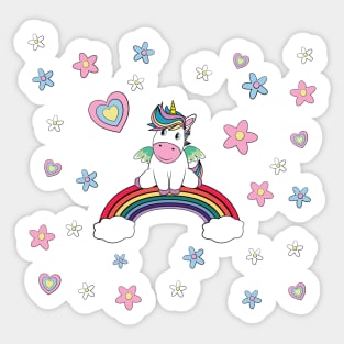 Unicorn Sits On A Rainbow With Hearts And Flowers Sticker